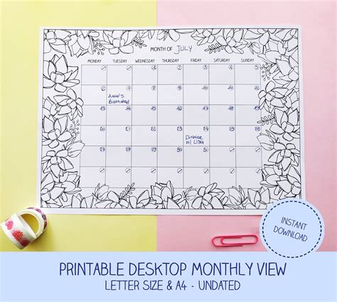 Printable Monthly View Undated Desktop Calendar Coloring Etsy In 2021