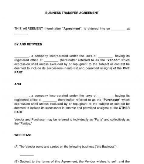 Business Transfer Agreement Template Word And Pdf