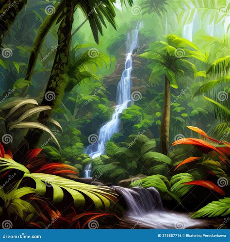 Jungle Waterfall Picturesque River In Tropical Forest Water Falls In