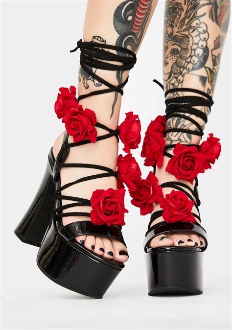 sugar thrillz 3d rose platform lace up wrap heels black red lace up heels girly accessories