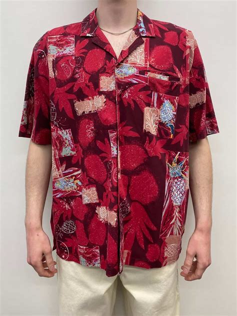 Mens Vintage Abstract Hawaiian Shirt In Red With Fruit And Floral