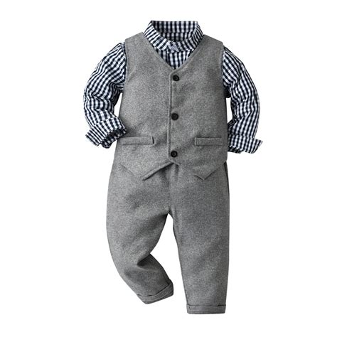 Plaid Shirt Gray Vest Pants 4pcs Set For Boys Suit Clothes Cotton