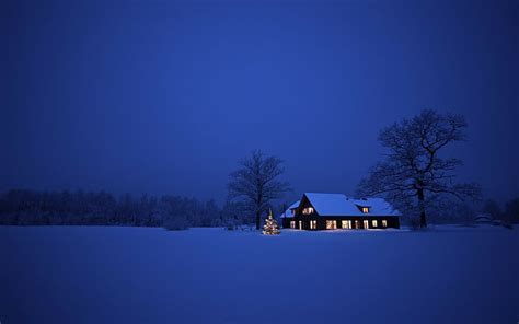 Hd Wallpaper Winter House Snow Christmas Tree Night Blue