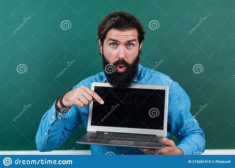 Surprised Mature Teacher Working On Computer Brutal Bearded Man Work In Classroom With Laptop