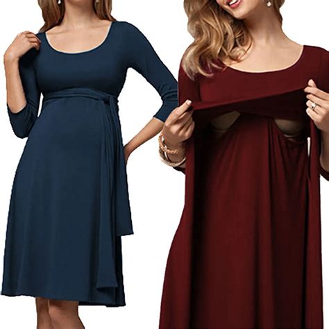Knee Length Cotton Solid Nursing Dress For Pregnant Woman Boat Neck