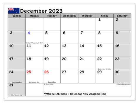 Calendar December 2023 New Zealand Ss Michel Zbinden Nz