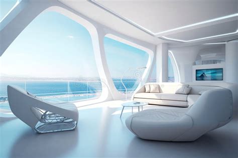 Futuristic 2050 Living Room With Elegant White Couch And Mesmerizing