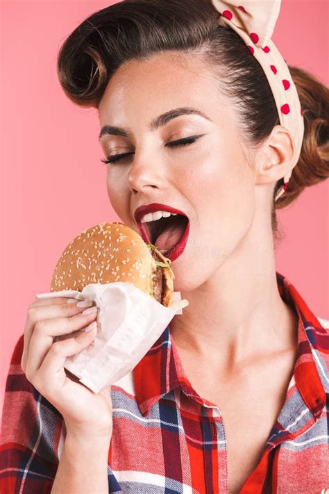 Young Pin Up Woman Eating Burger Stock Photo Image Of Fresh Food