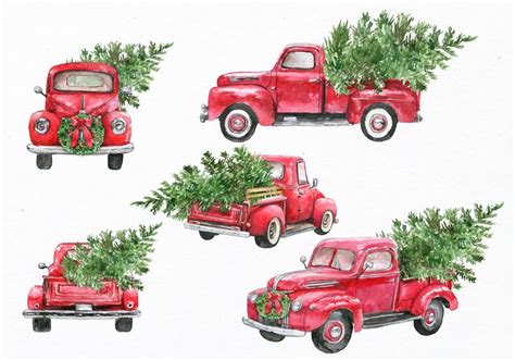 Red Truck Clipart Watercolor Illustrations 2 Christmas Truck