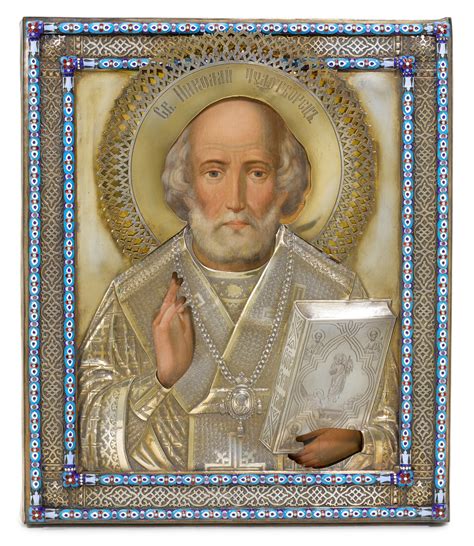 A Silver Gilt And Cloisonné Enamel Icon Of St Nicholas Mikhail Isakov