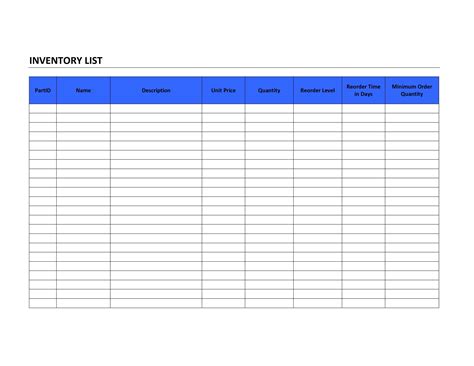 Inventory List Template Printable