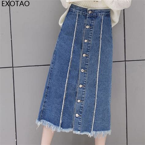 Exotao Women Denim Empire Skirt Korean Single Brested Saia Tassel Mujer Faldas Jeans Pocket