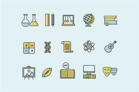 School Subject Icon Pack. A collection of beautiful school subject icons with a splash of color ...