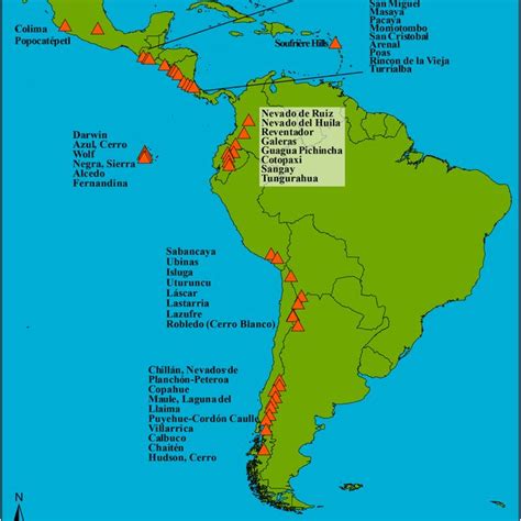 Map Of The Locations And Names Of All 47 Latin American Volcanoes