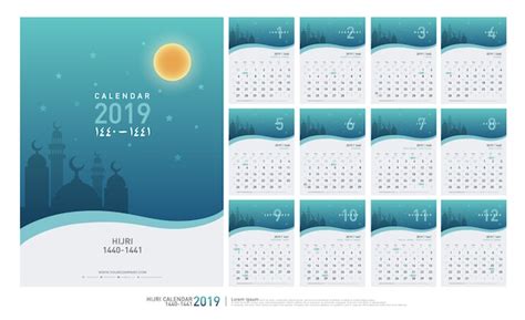 Calendario 2019 Hijri 1440 A 1441 Plantilla Islámica Descargar