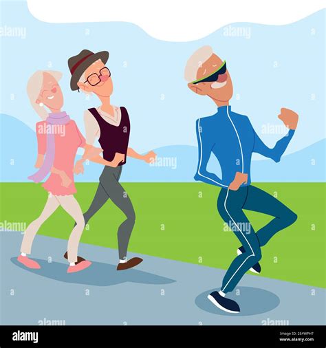 Seniors Active Old Man Jogging And Elderly Couple Walking Vector