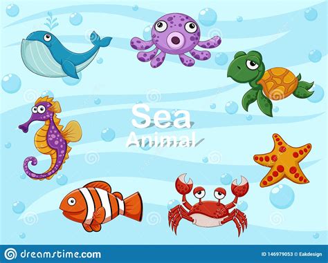 Cute Cartoon Sea Animals Underwater Vector Illustration