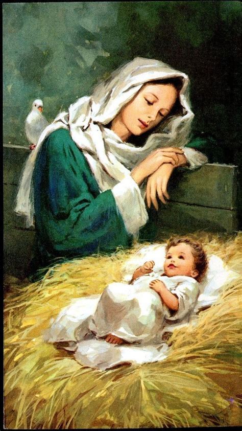Vintage Christmas Card Mother Mary And Baby Jesus In Manger So
