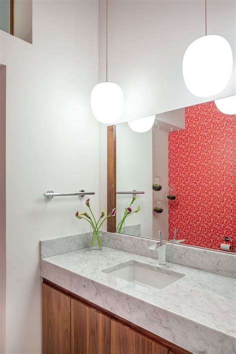 Modern Powder Room With Wallpaper Accent Wall Designbuild By