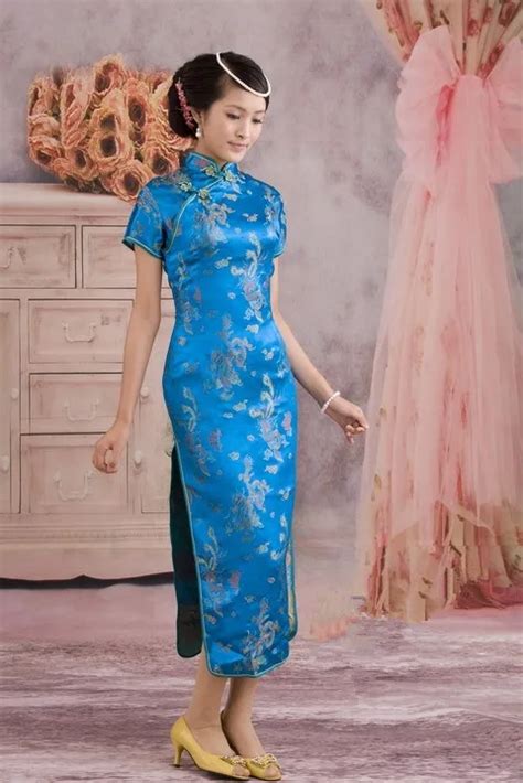 Light Blue Traditional Chinese Dress Women S Satin Qipao Long Cheong Sam Dragon Phenix S M L Xl