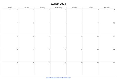 August Landscape Calendar With Large Boxes