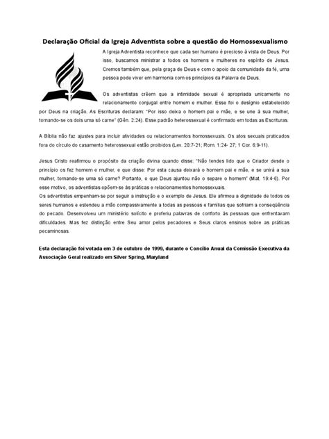 Declaração Oficial Da Igreja Adventista Sobre A Questão Do Homossexualismo