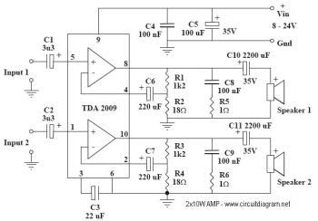 The circuit diagram (also known as an elementary diagram; 2x10W Audio Amplifier with TDA2009A - Schematic Design