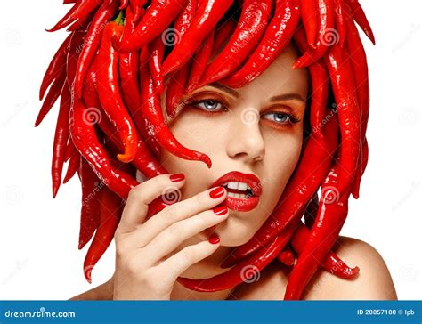Glassy Sensual Woman With Trendy Head Wear Paprika Chili Pepper