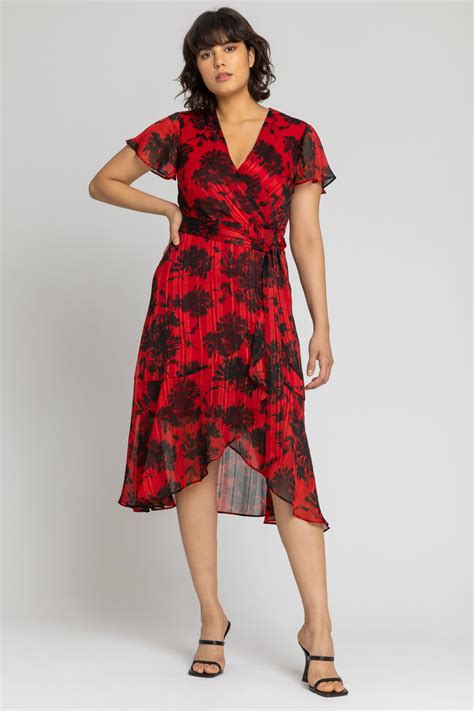 Floral Print Wrap Midi Dress In Red Roman Originals Uk
