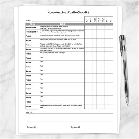Printable Housekeeping Weekly Checklist Editable Pdf Personal