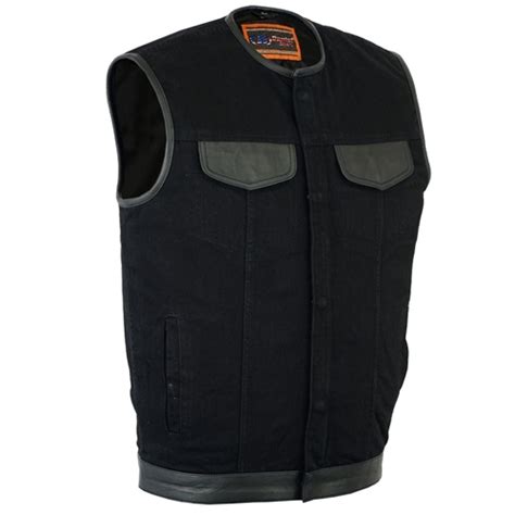 Men's motorcycle biker soa club style black denim vest with inside gun pockets. Men's Collarless Black Denim Motorcycle Vests / Leather Trim