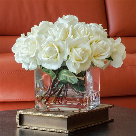 White Real Touch Roses Faux Arrangement And Centerpiece For Home Decor
