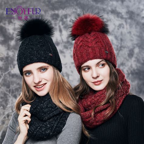 Enjoyfur Women Winter Hat And Scarf Set Warm Cashmere Knitted Hat Scarf