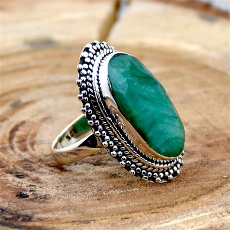 Indian Emerald Ring Sterling Silver Ring Handmade Ring Oval