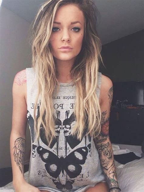 Girl Tattooed Blonde Muscle Tank Grey Ink Pretty Streaked Hair Half