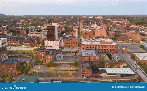 Aerial Perspective Over Downtown Lynchburg Virginia At Days End Stock