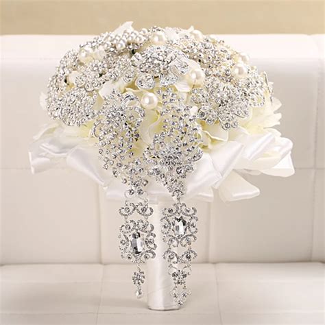 Luxury Bridal Bouquet Silver Crystal Brooch Wedding Bouquets With