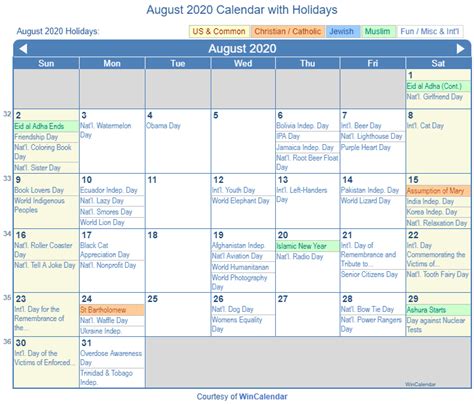 Daily / weekly pet holidays: Print Friendly August 2020 US Calendar for printing