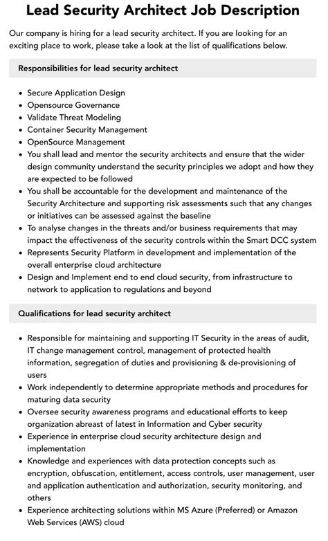 Lead Security Architect Job Description Velvet Jobs