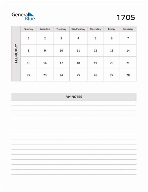 February 1705 Printable Monthly Calendar With Notes