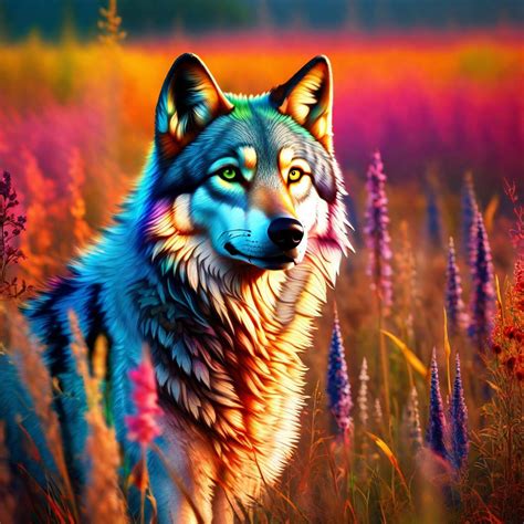 Vibrant Rainbow Wolf Roaming In Hyper Detailed Colorful Landscape