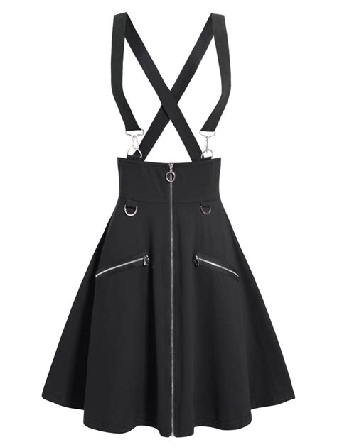 Plain Color Suspender Skirt Zipper Fly Midi High Waist Vintage Women