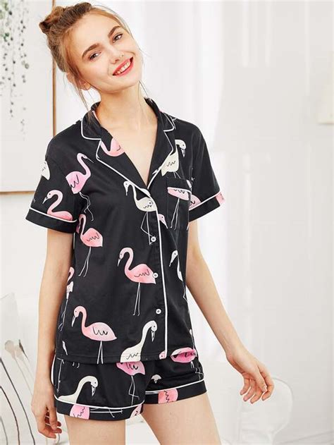 Shein Revere Collar Allover Flamingo Print Blouse And Shorts Pajama Set Shein Uk