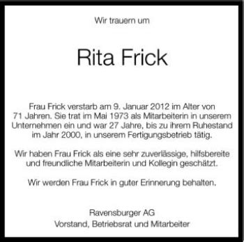 Traueranzeigen Von Rita Frick Schwaebische De Trauerportal