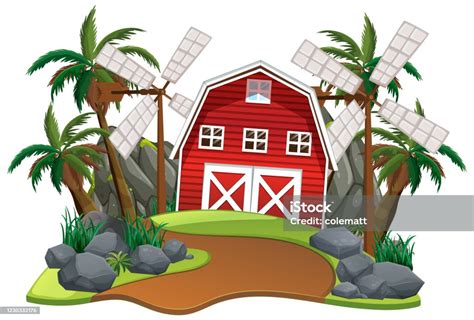 Scene With Red Barn And Windmills On White Background Stock