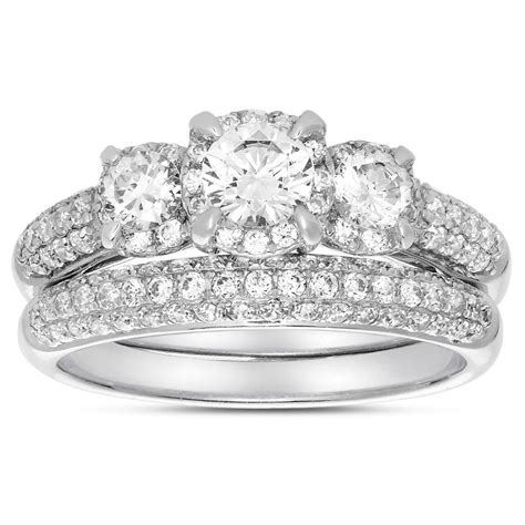 2 Carat Three Stone Trilogy Round Diamond Wedding Ring Set In White
