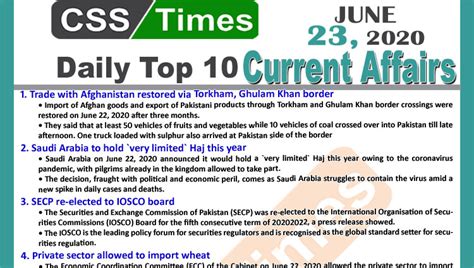 Daily Top 10 Current Affairs Mcqs News June 23 2020 For Css Pms 1 Css Times
