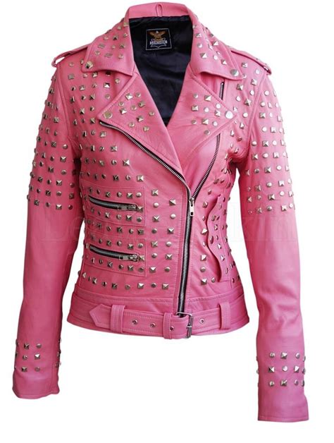 Leather Skin Women Pink Studded Studs Genuine Leather Jacket Spiked