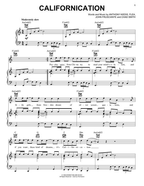 californication sheet music by red hot chili peppers piano vocal and guitar right hand melody