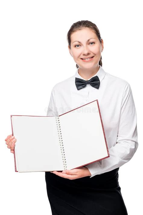 Successful Waitress With A Tray On Which There Is An Empty Blank Stock
